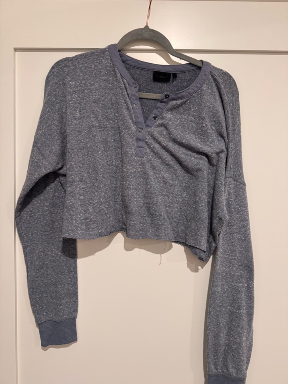 URBAN OUTFITTERS Cropped Heathered Long-Sleeve Henley Top - Blue Sz M